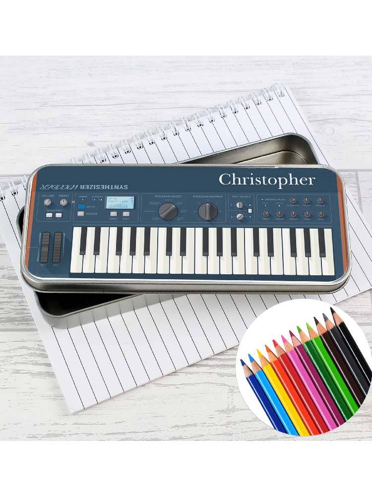 Personalised Keyboard Pencil Tin with Pencil Crayons