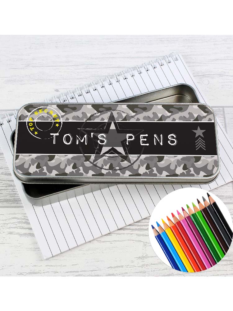 Personalised Army Camo Pencil Tin with Pencil Crayons