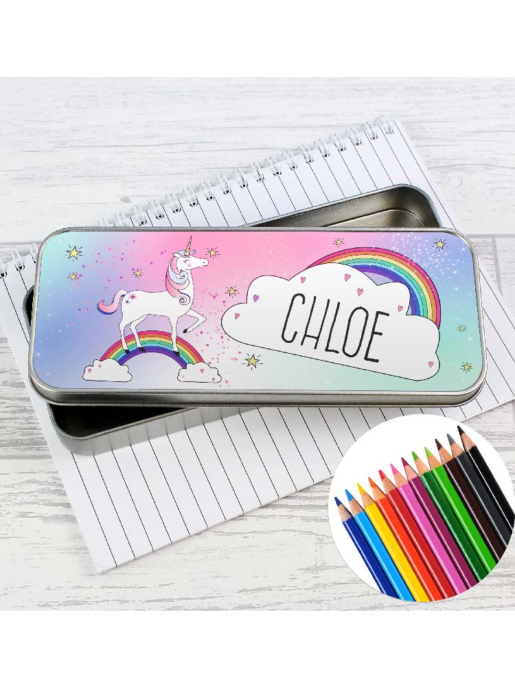 Personalised Unicorn Pencil Tin with Pencil Crayons