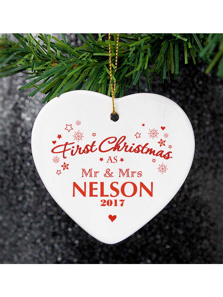 Personalised 'Our First Christmas' Ceramic Heart Decoration