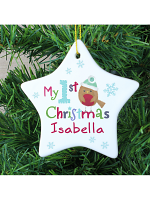 Personalised Felt Stitch Robin 'My 1st Christmas' Ceramic Star Decoration