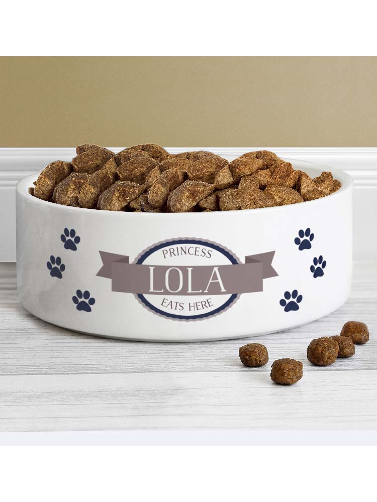 Personalised Blue Paws 14cm Medium White Pet Bowl