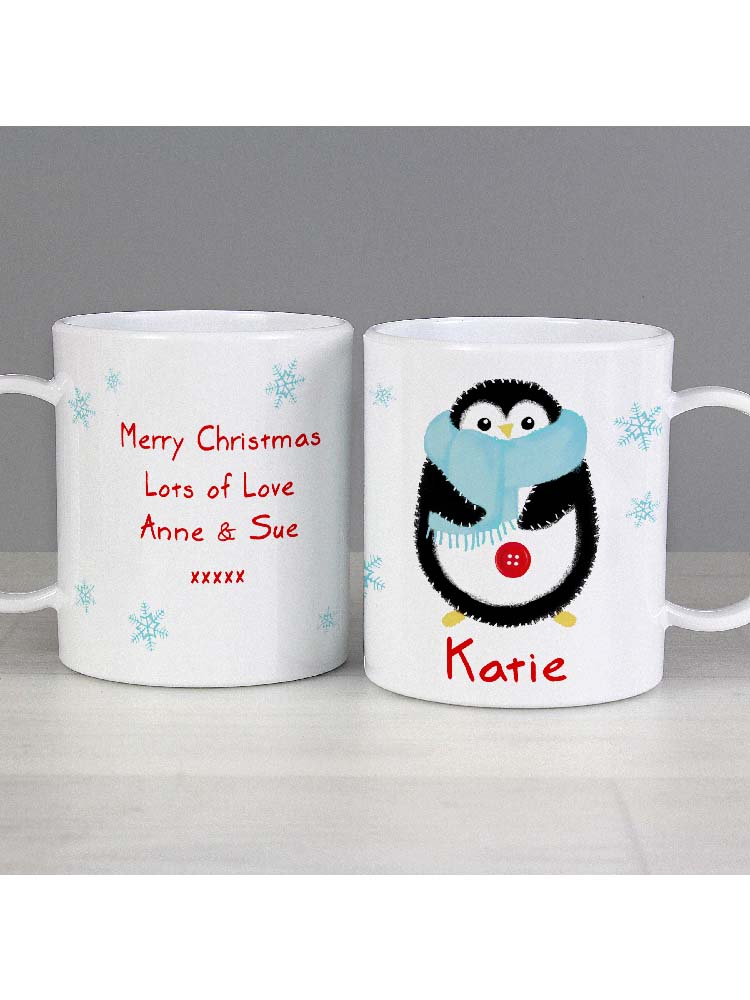 Personalised Felt Stitch Penguin Plastic Mug