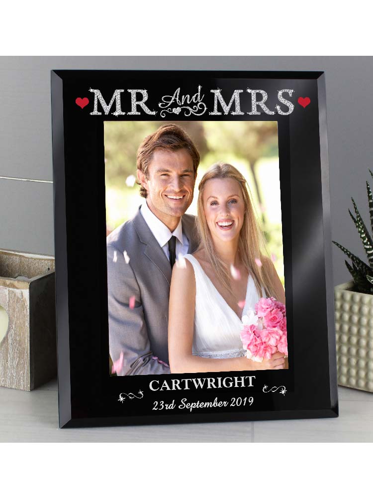 Personalised Bling Mr & Mrs Black Glass 5"x7" Photo Frame