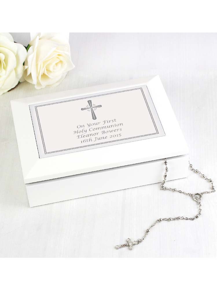 Personalised Silver Cross White Wooden Keepsake Box