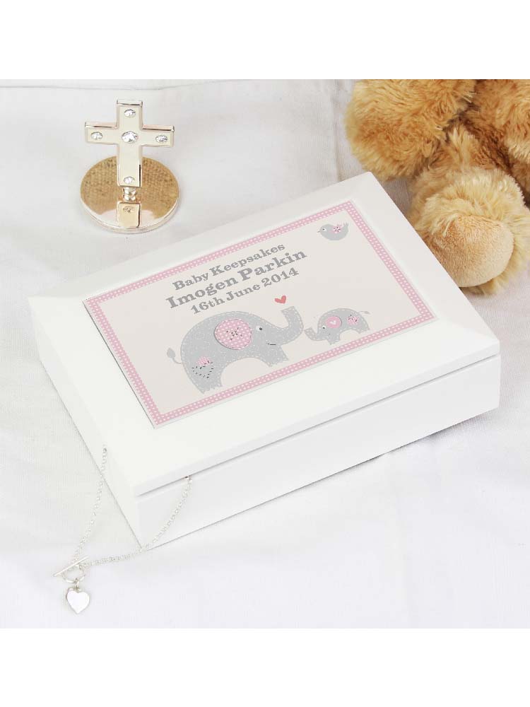 Personalised Pink Baby Elephant White Wooden Keepsake Box