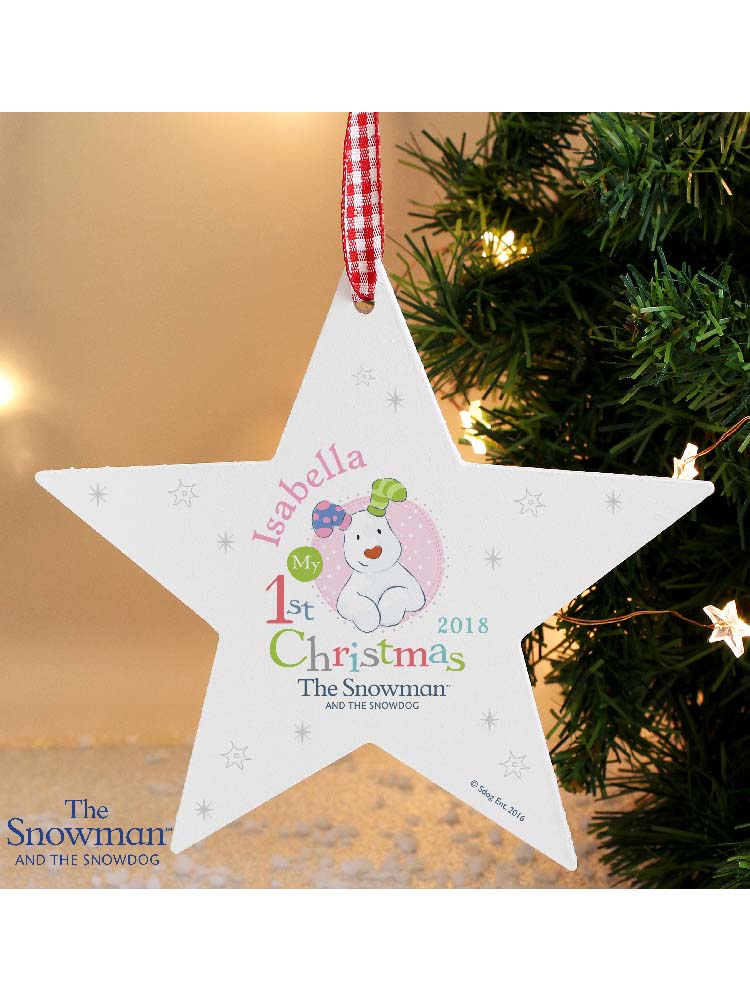 Personalised The Snowman and the Snowdog My 1st Christmas Pink Wooden Star Decoration