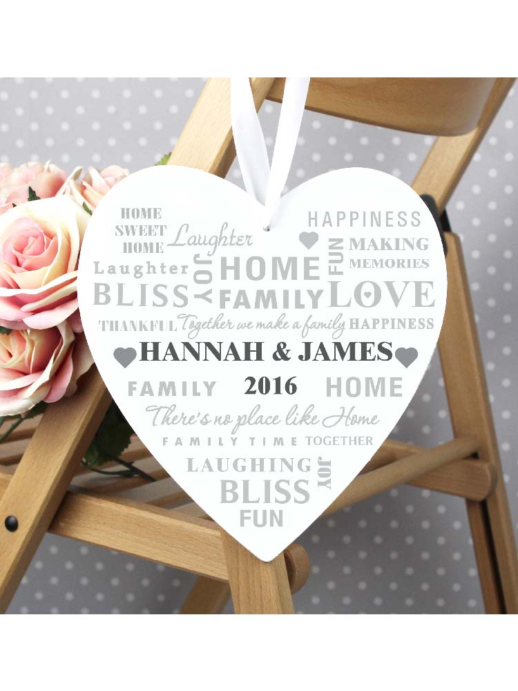 Personalised Family Typography 22cm Large Wooden Heart Decoration