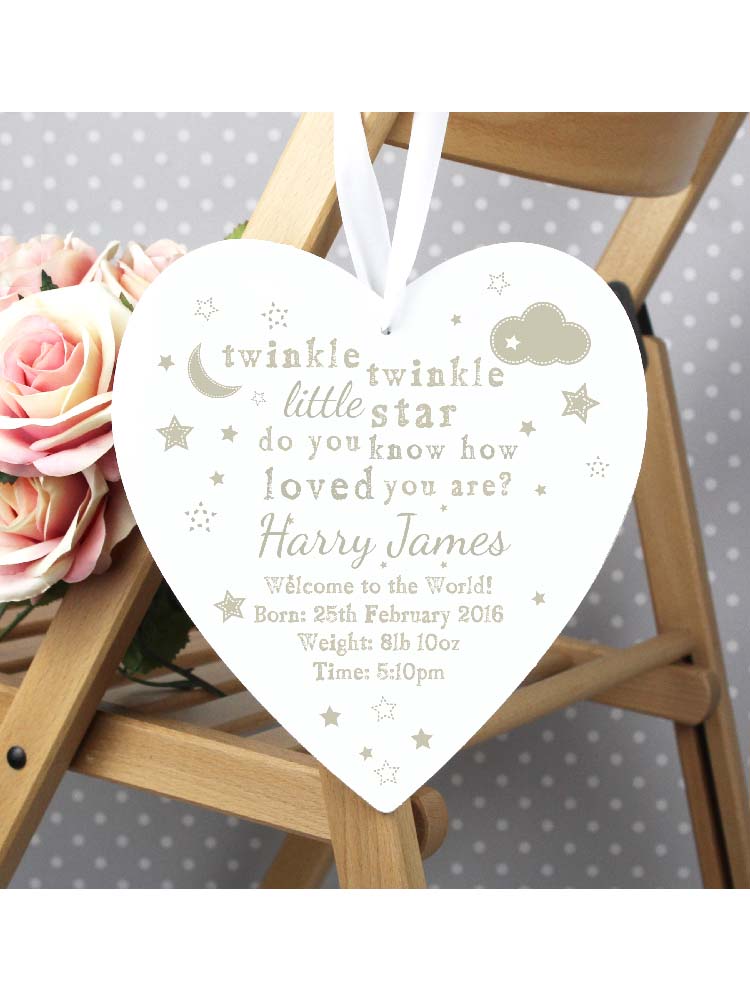 Personalised Twinkle Twinkle 22cm Large Wooden Heart Decoration