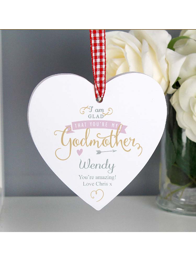 Personalised I Am Glad... Godmother Wooden Heart Decoration