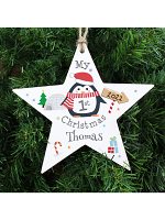 Personalised 1st Christmas Penguin Wooden Star Decoration