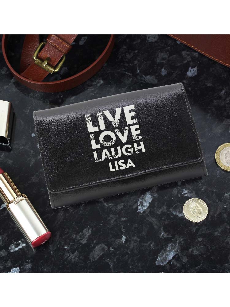 Personalised Live Laugh Love Black Leather Purse