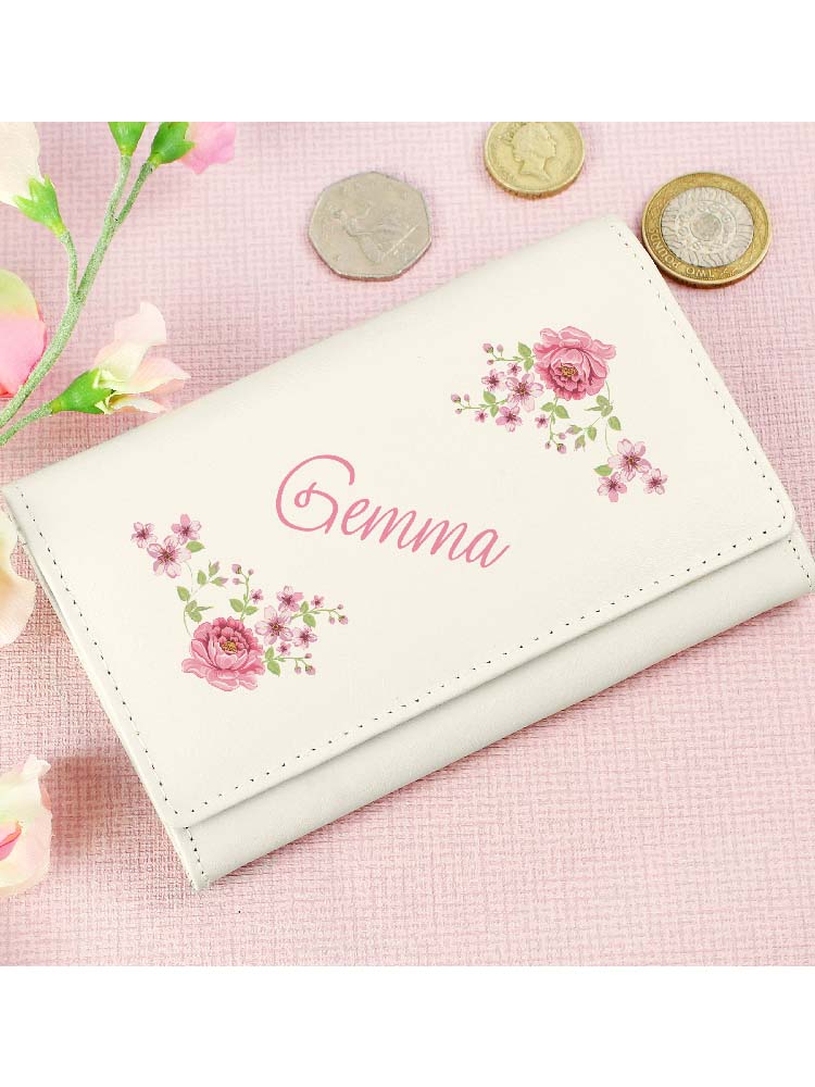 Personalised Floral Cream Leather Purse