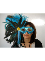 Turquoise Sequin Mask On A Stick With Feathers. (1)