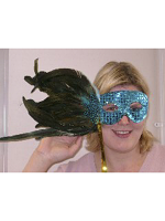 Feathered Mask Blue Sequin With A Plume Of Blue And Green Feathers 