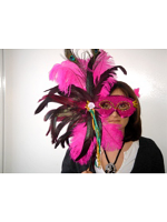 Exotic Pink Feather Mask On A Stick. (1)